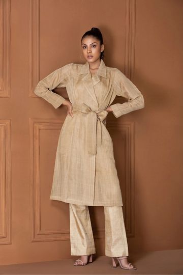 Net Muga Wrap Jacket with Straight Pants