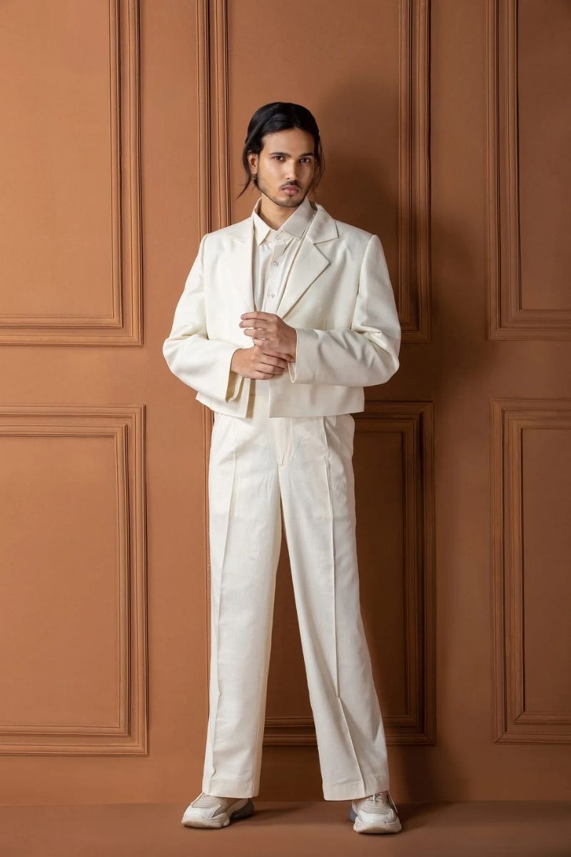 Crop Coat, White Shirt And Straight Fit Mid Waist Pant