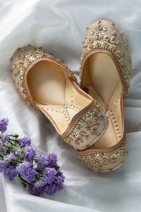 Intricate Hand Embroidered Juttis in Fine Pressed Muga