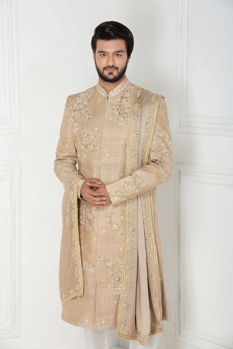 Muga Sherwani Set In Zardozi Set Dupatta Jutti