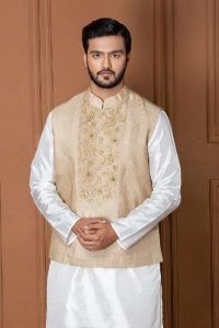 Pintuck Muga Waistcoat with Zardozi Dhaga Embroidery