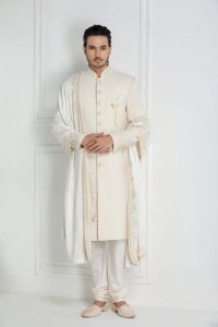 White Basket Weave Eri Sherwani with Handcrafted Buttons, Dupatta & Juttis