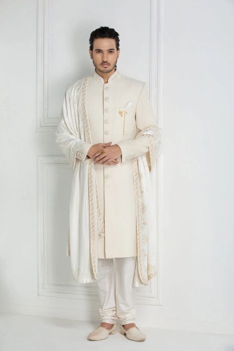 White Basket Weave Eri Sherwani