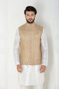 Zani and Jalidar Panel Waistcoat with Embroidered Collar, Button Patti & Hem