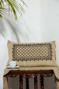 Rectangular Muga Cushion In Black Print Highlighted With Zardozi