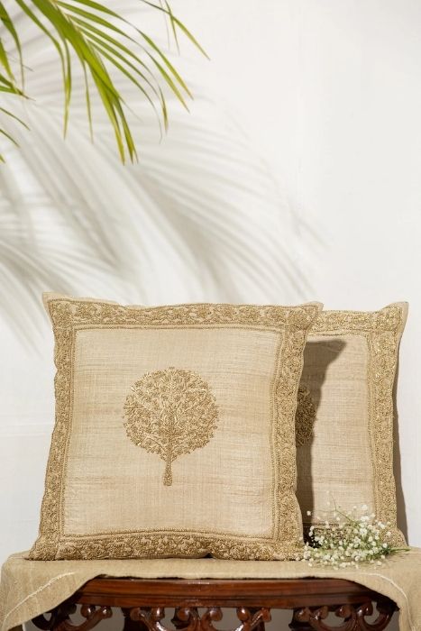 Zari Tree Mofit Cushion With Zari Border Zari Tree Motif Muga Cushion With Zari Border